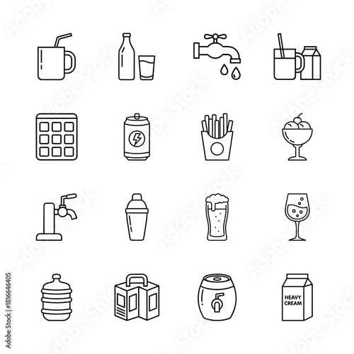 Drinks and food line icon set. Vector pictograms of mug, bottle, glass, faucet, can, fries, sundae, shaker, beer, wine, keg, and cartons, thin linear illustration.
