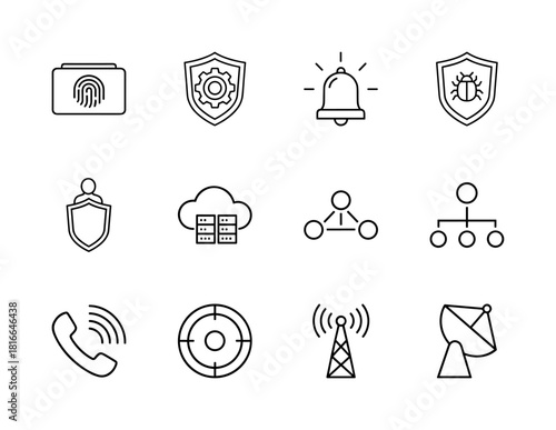 Cybersecurity and communication line icon set. Vector pictograms of fingerprint, shields, alert bell, cloud server, network, phone, antenna, satellite, thin linear illustration.