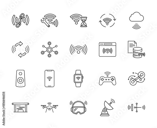 Internet of Things line icon set. Vector pictograms of wireless connectivity, cloud, smart speaker, smartphone, smartwatch, drone, and VR goggles, thin linear illustration.