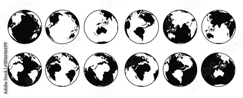 flat black and white globe map
