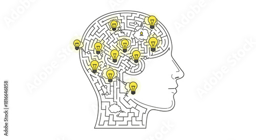 Brain Maze With Light Bulbs Representing Ideas and Solutions, Generative AI.