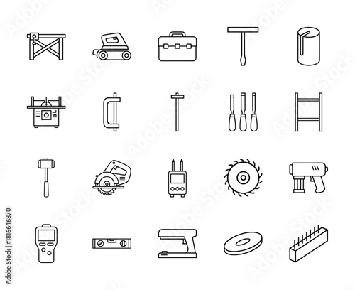 Woodworking tools line icon set. Vector pictograms of workbench, sander, toolbox, chisels, router, circular saw, nail gun, level, mallet, clamp, thin linear illustration.
