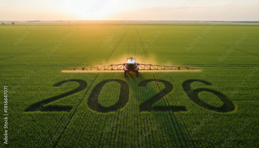 Fototapeta premium Field of green crops with the number year 2026, celebration new year 2026