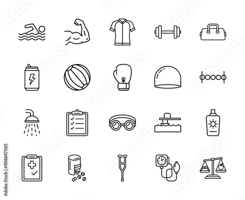 Fitness, health, and sport line icon set. Vector pictograms of swimmer, muscle, dumbbell, gym bag, boxing glove, goggles, crutch, diet scale, thin linear illustration.