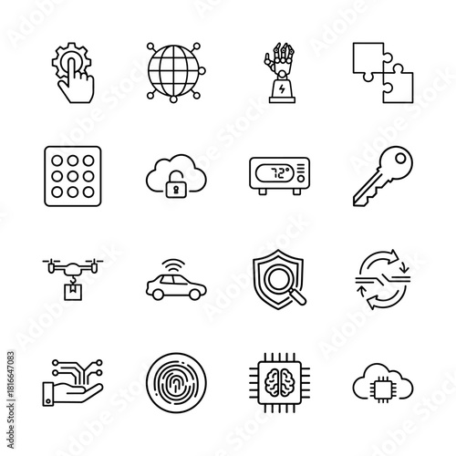 Technology and AI line icon set. Vector pictograms of settings, global network, robotic hand, puzzle, cloud security, drone, autonomous car, fingerprint, and processor, thin linear illustration.