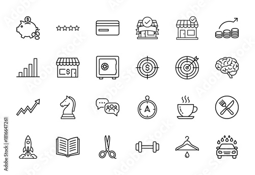 Business, finance, and general services line icon set. Vector pictograms of piggy bank, credit card, storefront, bar chart, safe, brain, rocket, and coffee cup, thin linear illustration.