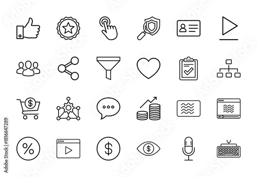 Digital marketing line icon set. Vector pictograms of social media engagement, e-commerce, financial growth, and data analytics symbols, thin linear illustration.