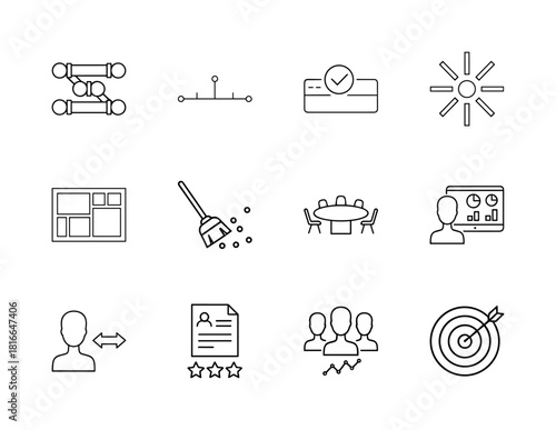 Business management line icon set. Vector pictograms of connection, timeline, approval, layout, broom, meeting, analytics, communication, resume, team, and target, thin linear illustration.