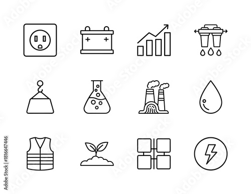Energy, industry, and environment line icon set. Vector pictograms of an electrical outlet, battery, growth chart, water filter, and lightning bolt, thin linear illustration.