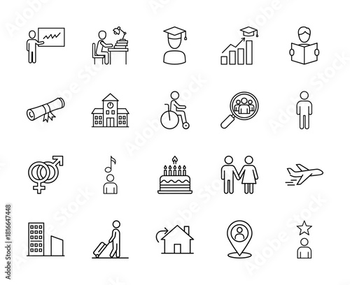 Lifestyle and education line icon set. Vector pictograms of student, diploma, school, reader, wheelchair, couple, birthday cake, and traveler, thin linear illustration.