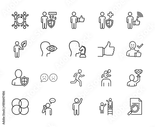 Business and social line icon set. Vector pictograms of teamwork, security, recommendation, strategy, insight, achievement, communication, and protection, thin linear illustration.