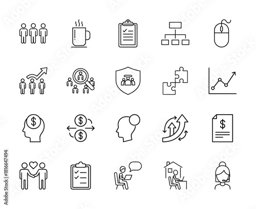 Business management and human resources line icon set. Vector pictograms of team, coffee cup, clipboard, remote work, and support, thin linear illustration.