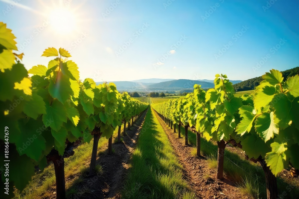 Naklejka premium Sun-drenched rows of ripening grapes stretching to the horizon at a picturesque vineyard winery, ready for harvest Lush greenery, rolling hills, and clear blue sky , viticulture, farmland