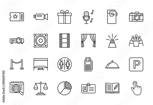 Business and entertainment line icon set. Vector pictograms of ticket, camera, microphone, projector, gift, film strip, POS terminal, chart, and book, thin linear illustration.