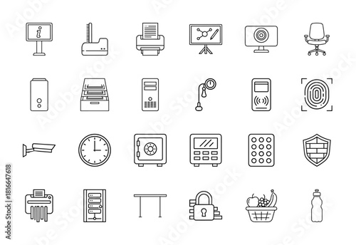 Office administration and security line icon set. Vector pictograms of technology, data management, and surveillance equipment, thin linear illustration.