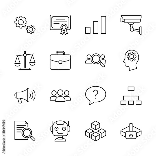 Business and technology line icon set. Vector pictograms of gears, certificate, charts, security camera, scales, briefcase, team, robot, and VR headset, thin linear illustration.