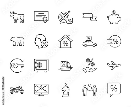 Financial and investment line icon set. Vector pictograms of bull, bear, piggy bank, house, car, safe, certificate, and handshake, thin linear illustration.