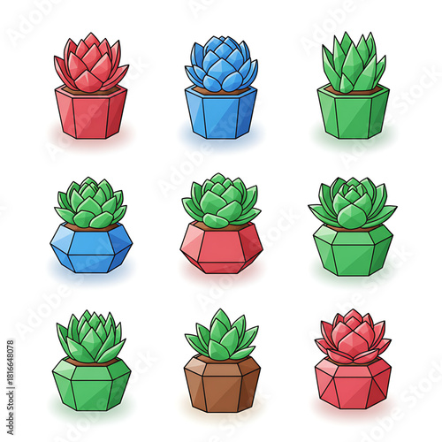 A charming and artistic array of stylized succulent plants presented in a variety of colorful geometric pots, ideal for modern graphic design, home decor themes, or playful digital projects