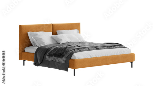 Billede på lærred Contemporary orange double bed with comforter and pillows on an isolated background