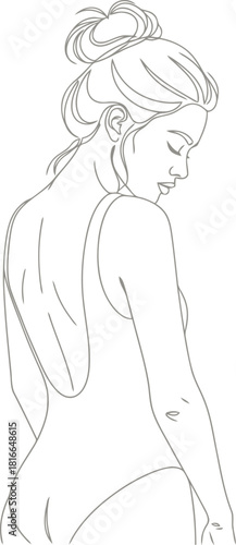 Elegant line art sketch of a woman with her hair in a bun looking down