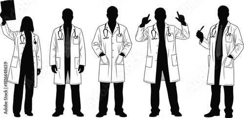Doctor silhouette set, medical professional icon, stethoscope pose, lab coat figure, healthcare expert, black white graphic, clinical stance