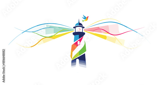 Colorful Lighthouse with Bird and Light Beams, Generative AI.