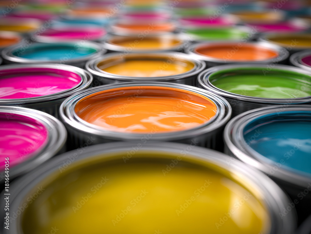 Fototapeta premium Vibrant colorful paint cans arranged in rows highlighting an orange paint can in the center, perfect for creative art and home decoration projects