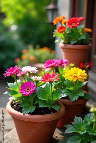 Vibrant colorful flowers bursting from terracotta pots, creating a beautiful garden scene  Perfect for spring, summer, home decor, and gardening themes , home decor, growing, flora