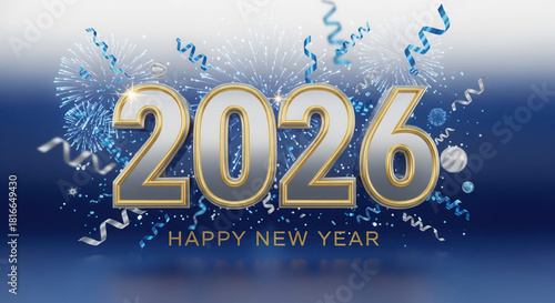 2026 Happy New Year Fireworks Celebration With Blue Ribbons image photo