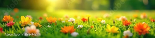 Vibrant flower petals scattered on lush green grass in a sun-drenched garden, creating a picturesque natural scene perfect for spring or summer themes ,  macro,  fresh