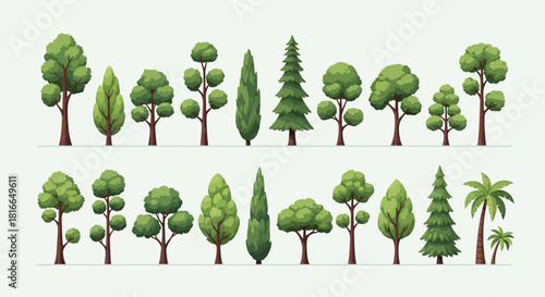 Flat Design Tree Collection Vector: Diverse Stylized Foliage for Landscape & Architectural Graphics