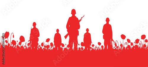 Remembrance Day illustration featuring a flat background. A banner that says we will remember. Red poppy flowers silhouette in vector form.