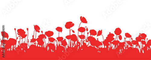 Concept illustration with a flat background for Remembrance Day. Banner stating we will remember. Vector silhouette of red poppy flowers.