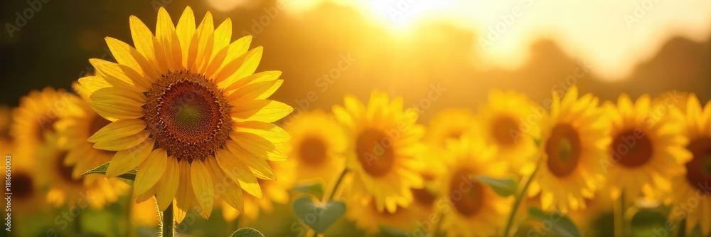 Obraz premium Vibrant sunflowers bathed in warm, golden sunshine, their faces turned towards the radiant light A picturesque display of summer's joyful energy , warmth, beauty, summer