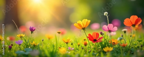 Vibrant wildflowers bloom in a lush meadow bathed in the warm glow of the spring sun Perfect for springtime themes, nature imagery, and seasonal celebrations , rural, countryside, springtime