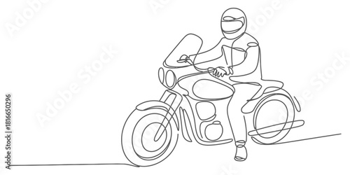 Continuous line drawing of a motorcyclist wearing a helmet and riding a classic touring bike, representing adventure and open road journey. Vector, illustration