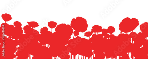 Illustration of a flat background for Remembrance Day. A banner that says we will remember. Vector of red poppy flowers silhouette.


