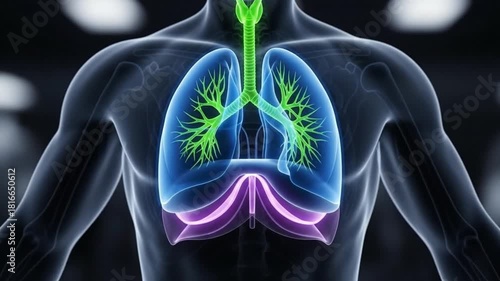 Human Respiratory System Anatomy Animation: Lungs and Diaphragm Movement During Breathing Cycle