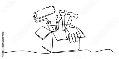 Continuous line drawing of essential home improvement tools: paint roller, wrench, hammer, and work gloves, in a box for diy renovation. Vector, illustration