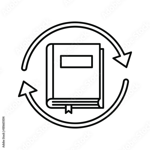 Black and white line art icon representing book recycling or exchange with circular arrows isolated on