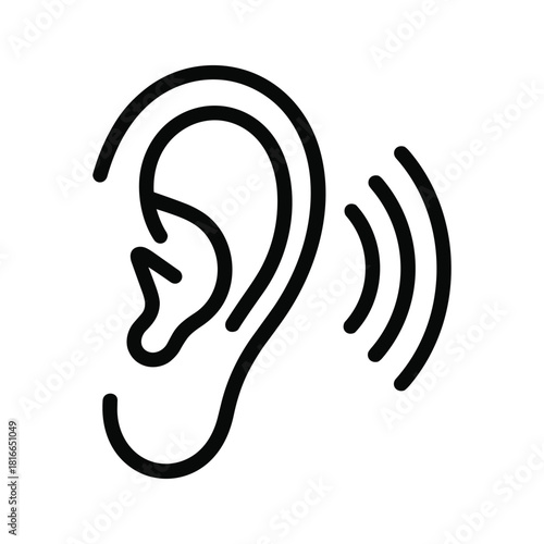Simple black line icon representing a human ear with sound waves indicating hearing or listening, isolated on