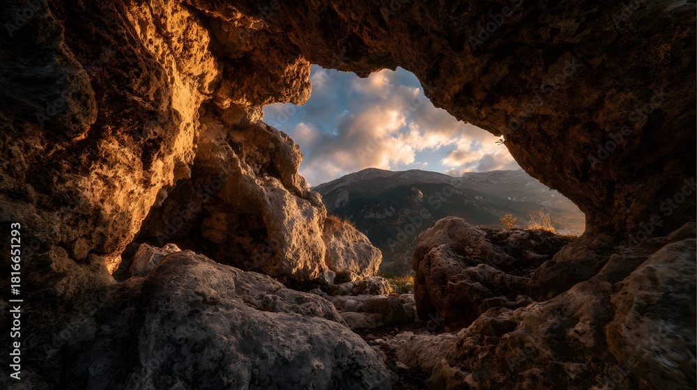Obraz premium Golden Hour Light Illuminates Ancient Sea Cave Opening to Mountain Vista.