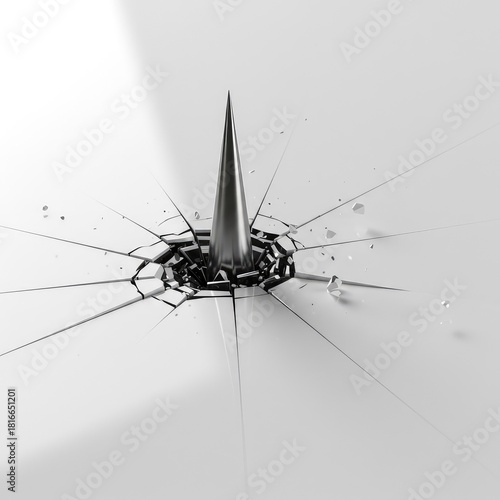 A jagged silver spike violently ruptures a smooth, perfect surface of uniform bright white material, creating stark contrast and impact ,paper ,damage ,stress
