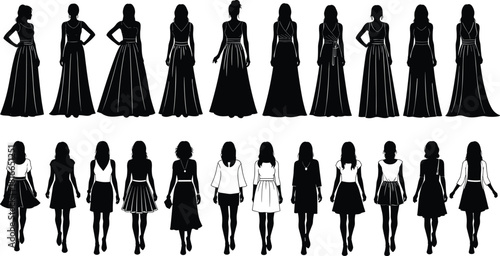 Female silhouette set, fashion pose, dress style icon, gown and casual wear, back view, hairstyle variation, black graphic