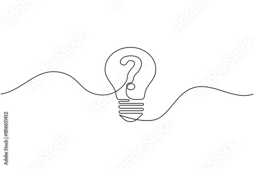 Continuous line lightbulb with question mark on white background
