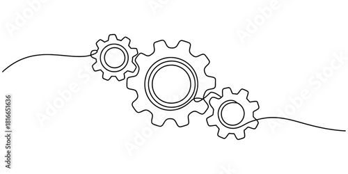 Continuous line drawing of three interlocking gears representing mechanism, connection, system, teamwork, and industrial process on a clean white background. Vector, illustration
