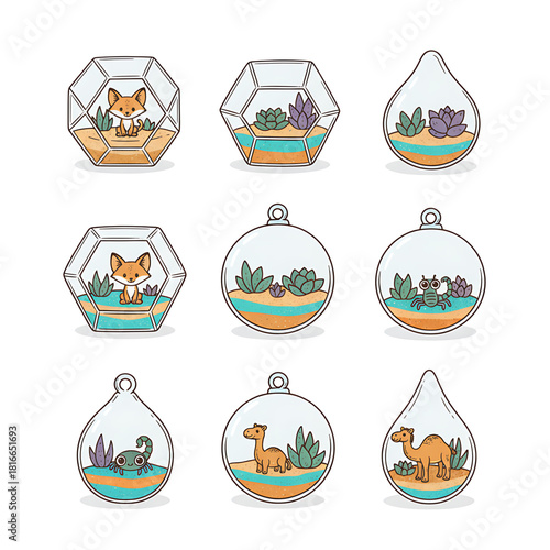 Cute desert terrarium illustrations featuring adorable animals like foxes, camels, and scorpions in glass enclosures