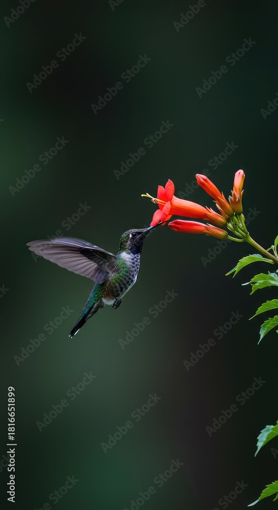 Obraz premium A minuscule, fast-moving iridescent hummingbird hovers delicately while drinking sweet nectar from a brilliant red trumpet flower in the tropical garden ,bird ,delicate ,wings