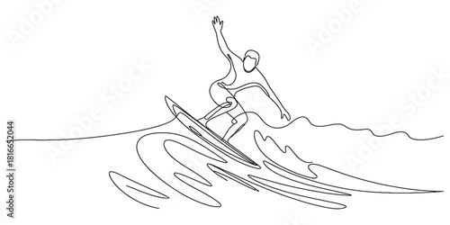 Continuous line art drawing of a male surfer riding a surfboard on an ocean wave, capturing dynamic movement and freedom in a minimalist style, sports Vector, illustration