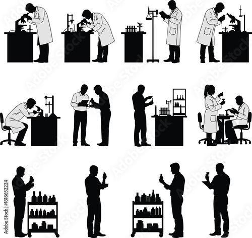 Laboratory scientist silhouette, research teamwork, microscope analysis, chemical experiment, lab equipment, science discovery, medical testing, academic research, black icon set